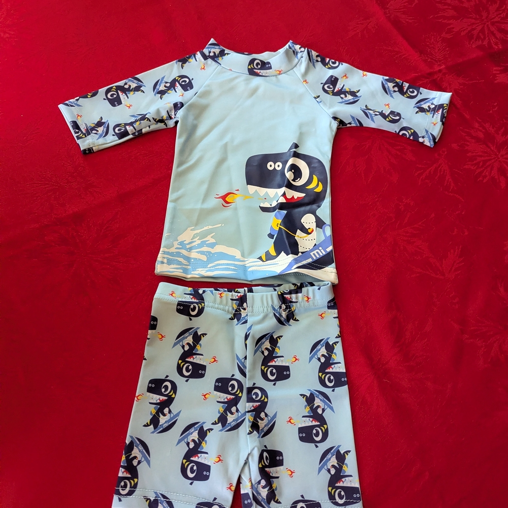 Kids Light Blue Shark Rash Guard Swim Set